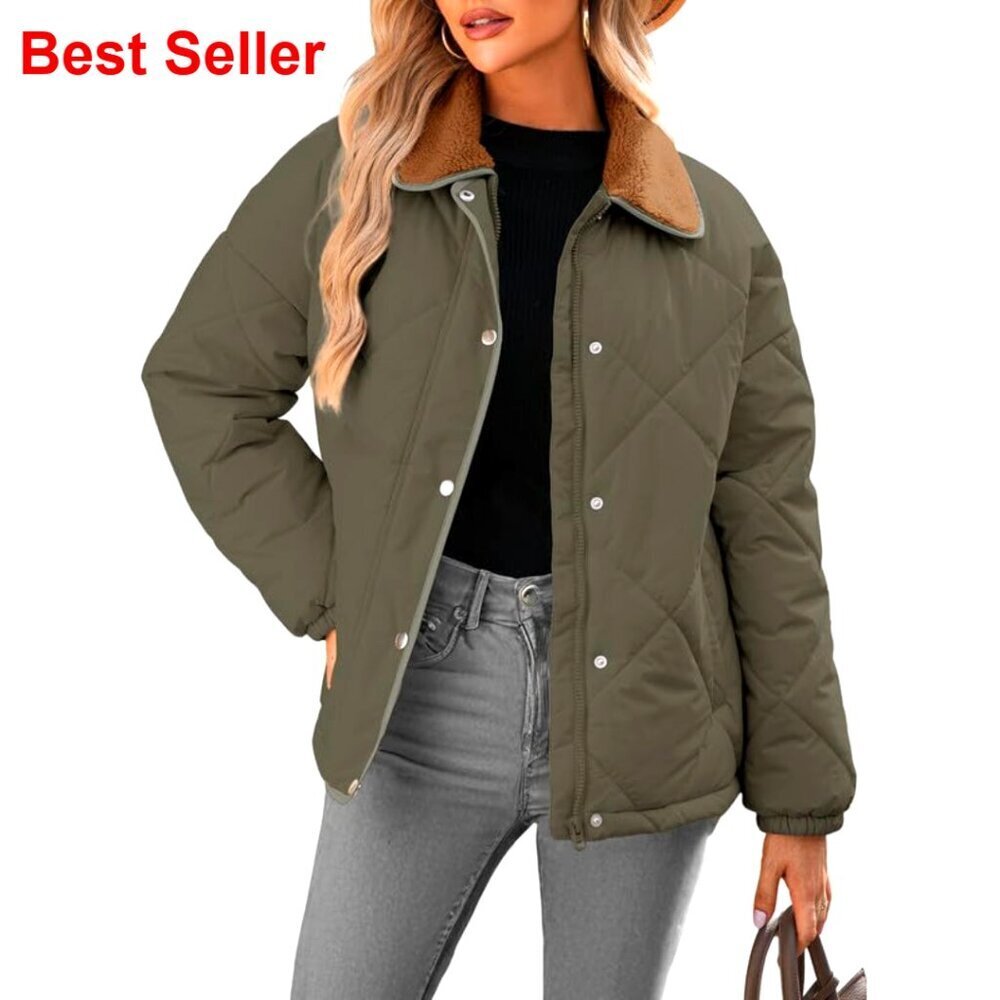 Quilted Puffer Jacket Long Sleeve Button Down Casual Outerwear Coat